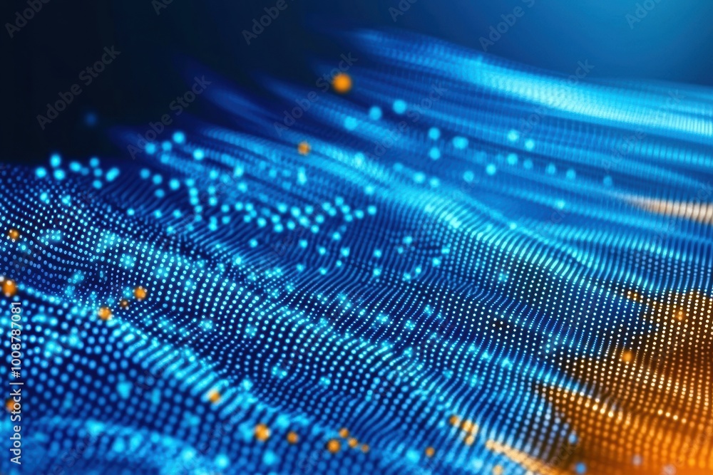 Poster vibrant abstract wave pattern with luminous dots in blue and orange, representing digital technology