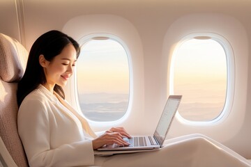 A beautiful woman enjoys her airplane journey, sitting comfortably and smiling. Captured in vibrant photography