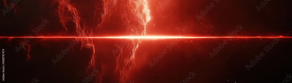 Poster a vibrant red cosmic scene with dynamic energy patterns and a striking ray of light cutting through 
