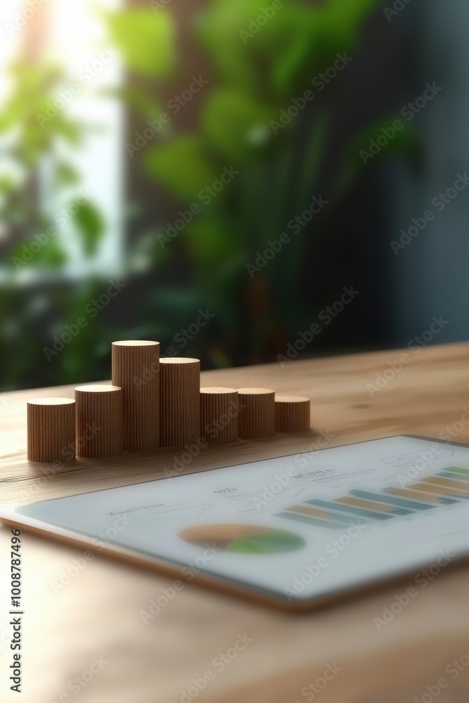 Aufkleber stylish wooden pie charts and bar graphs displayed on a tablet, showcasing data analytics in a moder