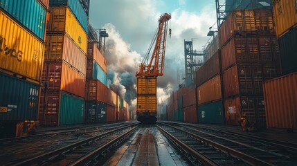 crane operates diligently lifting a container in a busy railroad yard emphasizing the industrious nature of logistics and transport in modern industry