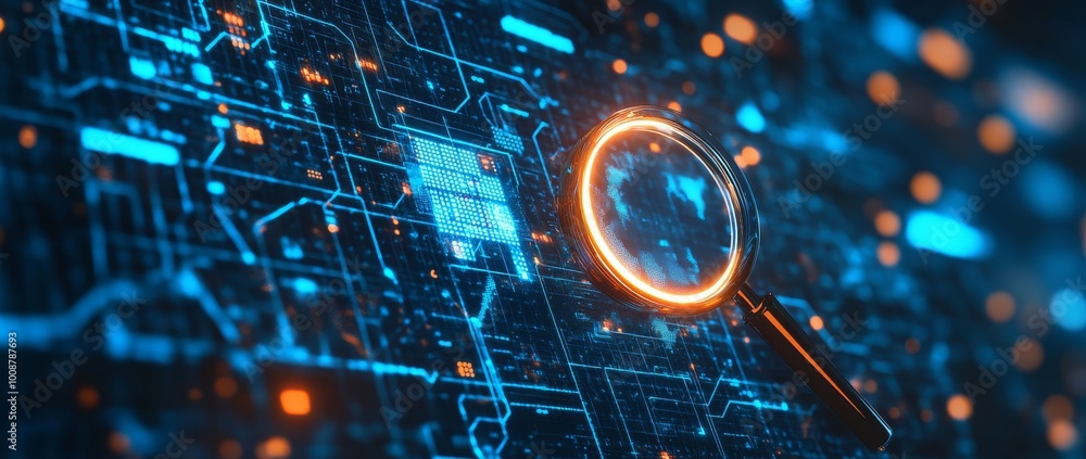 Poster icon depicting a magnifier in a glowing state with a mock up place on a blue background. seo search 