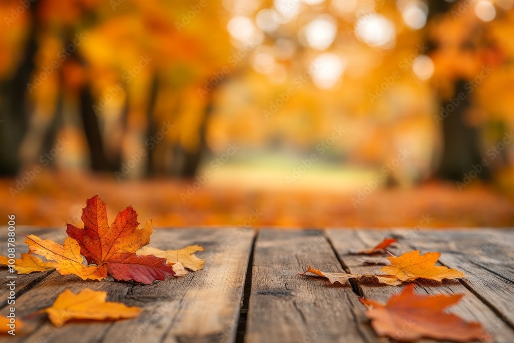 Poster the background is blurred with orange autumn leaves against a wooden table with an empty space for p