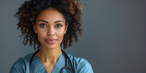 Portrait of a young biracial woman in medical scrubs against a gray background