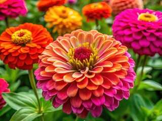 Vibrant Zinnia Flowers in Bloom Against a Soft Focus Green Background of Nature's Beauty