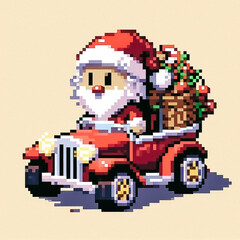 Obraz premium santa claus with gifts in a car illustration pixel art style