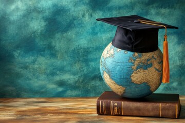 Education to learn study in world. Graduated student studying abroad international idea. Master degree hat on top globe book. Concept of graduate educational for long distane learning - generative ai