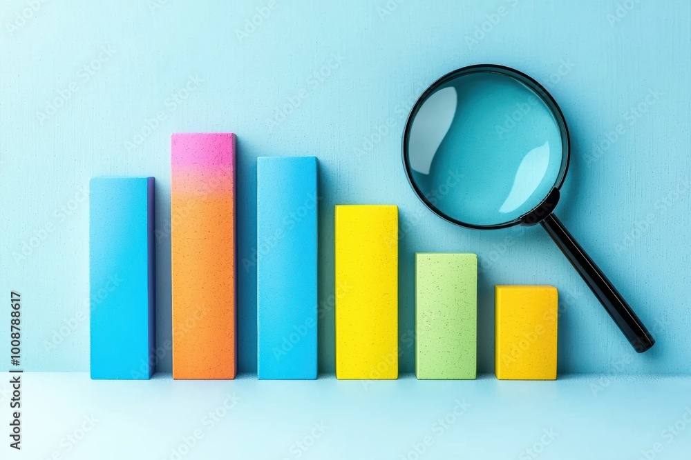 Poster colorful bar graph with a magnifying glass, symbolizing analysis and growth in data visualization. p