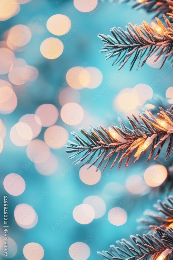 Poster a close-up view of frosted pine branches adorned with soft glowing lights, creating a magical winter