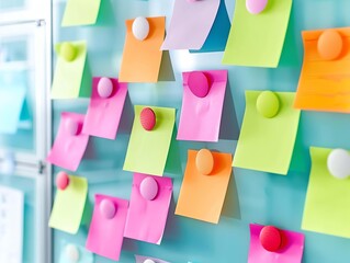 suggestion cards pinned to a bright board, being discussed by a team, symbolizing team collaboration on customer insights.