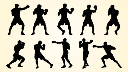Silhouettes of boxers in various stances and action poses, throwing punches and guarding, showcasing different boxing techniques and movements on a light background.