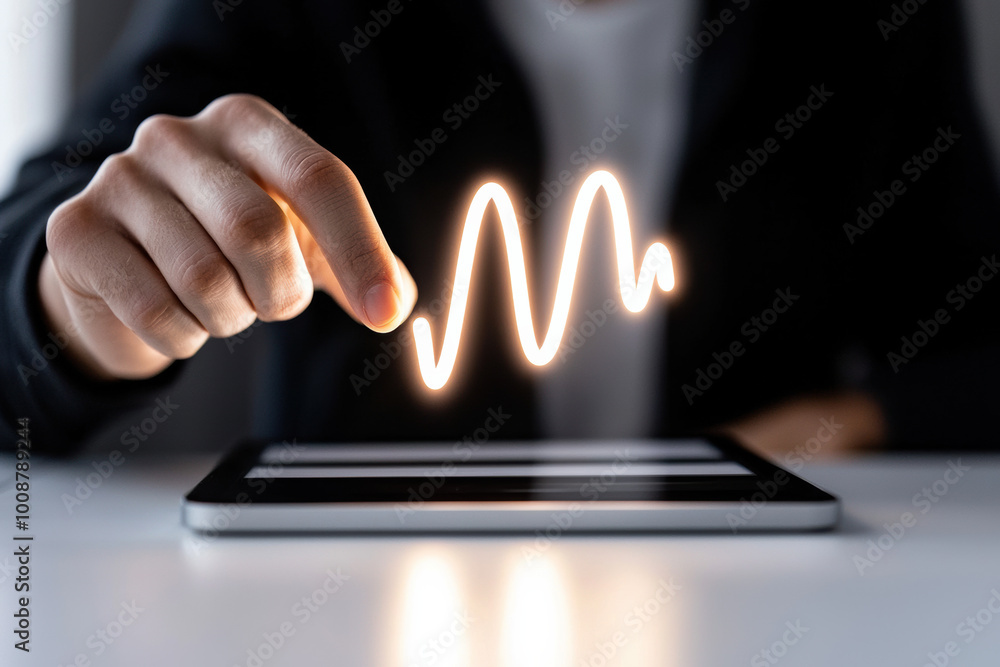 Poster a hand interacts with a digital tablet, creating a glowing waveform effect, symbolizing technology a