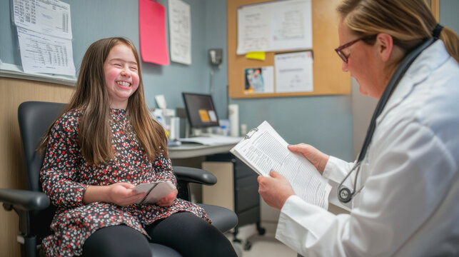 Smiling down syndrome girl sitting in doctor's office having regular checkup and doctor reading her medical results - Models by AI generative