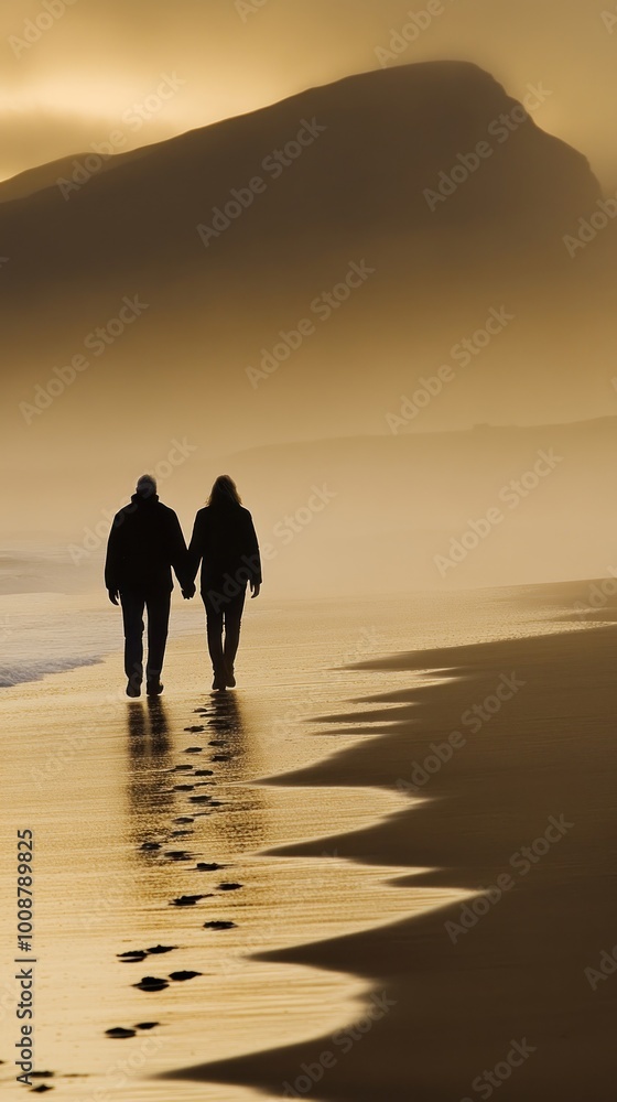 Sticker A couple walks hand in hand along a misty beach at sunset, leaving footprints in the sand.