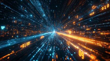 Fototapeta premium Abstract digital data flow with orange and blue light streaks in a dark background.