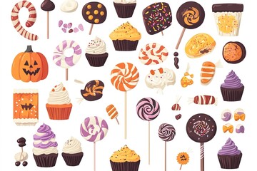 Seamless pattern of Halloween with candy elements in dark background.
