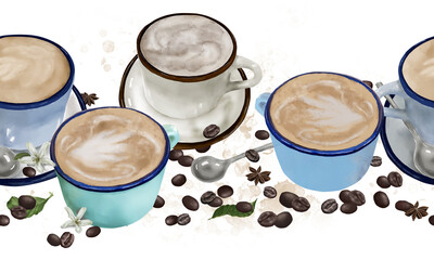 Porcelain mugs and hot foamy coffee. Watercolor digital illustration. Roasted coffee beans isolated on white background. Horizontal seamless border. Cup of tea and spoons