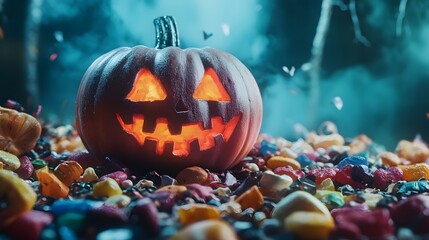 A pumpkin with a scary face is sitting on a pile of candy. Scene is spooky and festive, as it is a Halloween scene