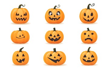 Set of Halloween pumpkins with cut out faces. Scary, fun, smiles for pumpkins. Vector illustration


