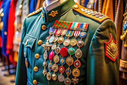 Vintage military colonel uniform with insignia, medals, and detailed design displayed on hanger