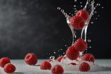 raspberries fall into the water, Raspberry splash in water, fruit in water