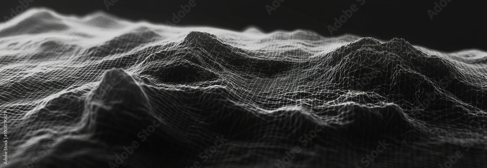 Poster with depth of field effect, wireframe landscape.