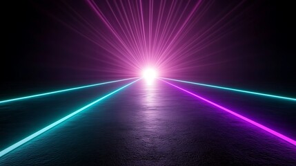 Multicolored neon lights illuminating a dark room with a wet, reflective floor.
