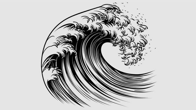 Water wave in engraving style graphic animation. Alpha channel. Transparent background motion design. 4K resolution