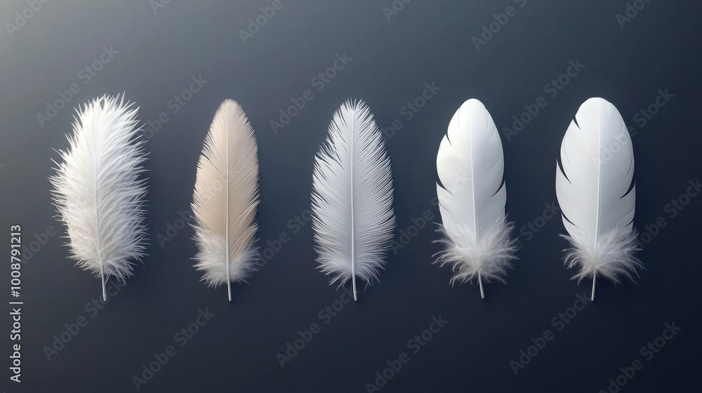Poster five elegant feathers in various shades, showcasing their delicate textures and softness against a m