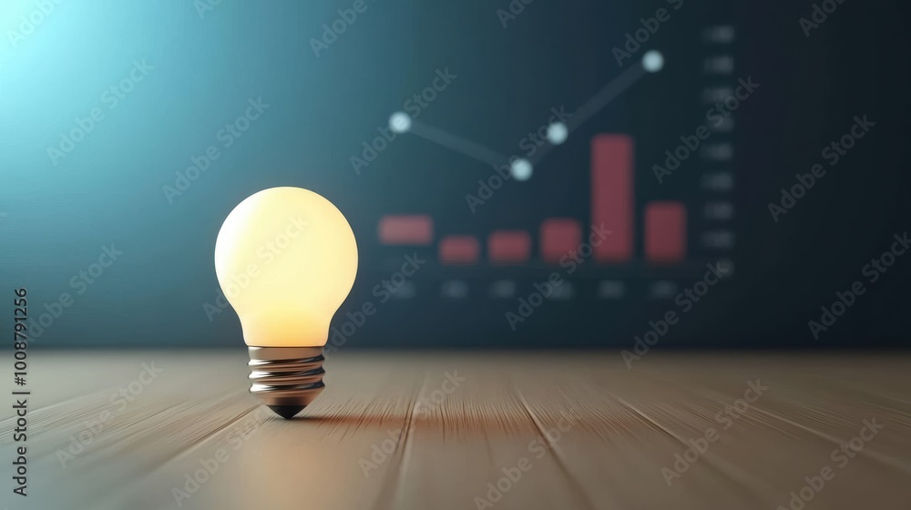 Aufkleber a glowing light bulb on a wooden surface with bar graphs and data analysis in the background, symbol