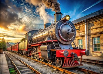 Obraz premium Vintage Steam Locomotive at Station with Rusty Front and Historic Charm in Natural Light Setting