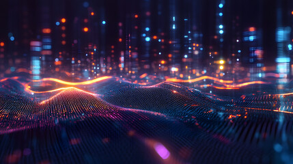 Neural network. Cyber city, digital technology and Information Security. Big data concept 3D illustration. Blockchain, database in global information field