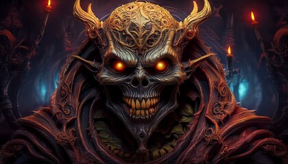 Naklejka premium Scary Halloween scene with a dark creature, mystic objects and fantastic spiritual fabric background