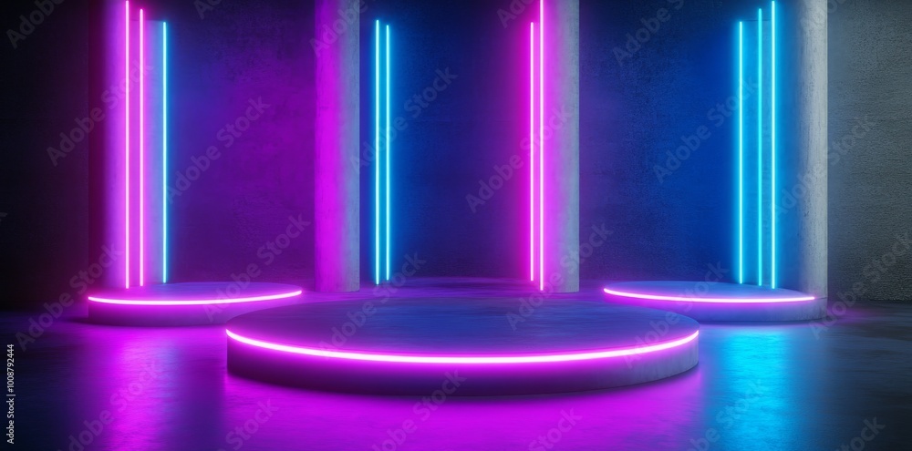 Aufkleber in a spaceship laboratory, glowing neon illuminates the interior architecture for a cyberpunk produc