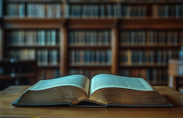 Obraz premium A close-up view of an open book resting on a table in a serene library setting