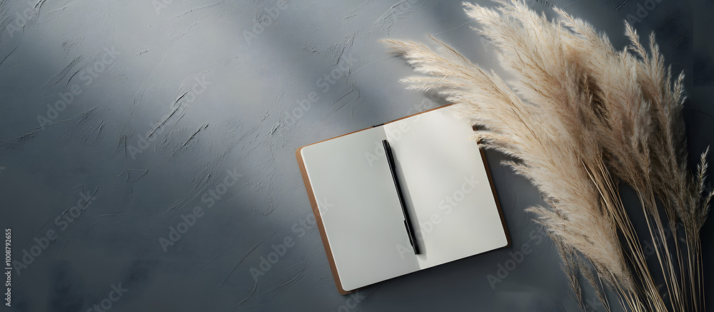 Poster pampas grass beside notebook on a grey background with copy space image