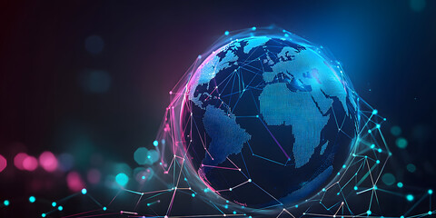 Holographic globe in a polygonal mesh 3D illustration. Business globalization, digital data planet, cyber security in the network. Online sales and marketing