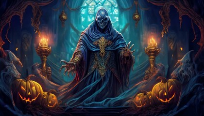 Obraz premium Scary Halloween scene with a dark creature, mystic objects and fantastic spiritual fabric background