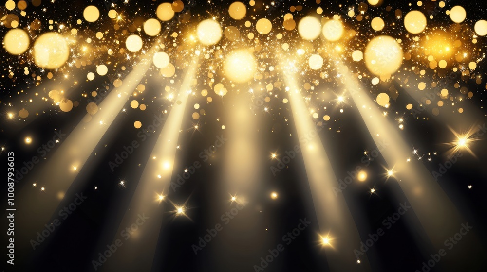 Poster an abstract black background illuminated by shimmering golden lights and rays, creating a captivatin