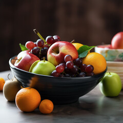 a bowl of fruit and oranges on a table