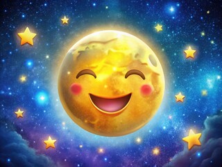 Fototapeta premium Whimsical Emoji Moon Illustration with Stars and Night Sky Background for Creative Design Projects