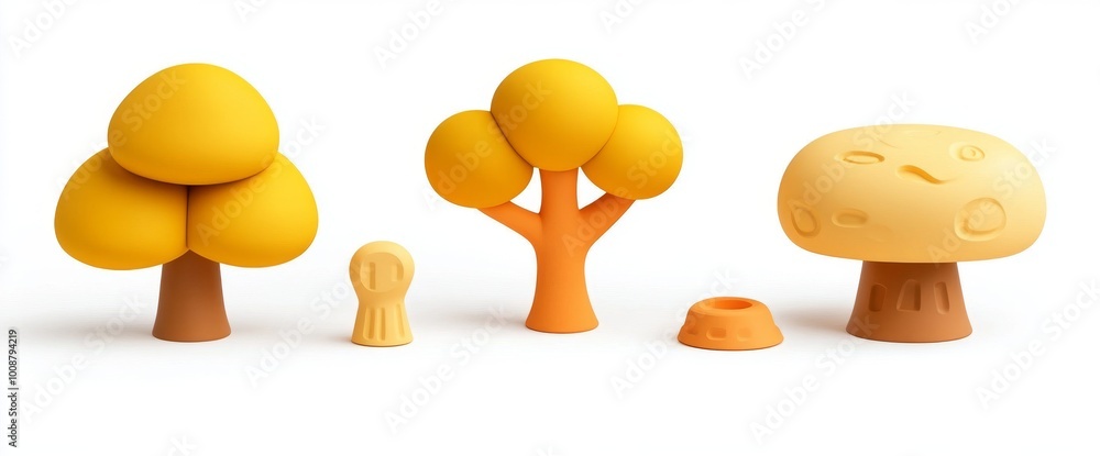 Poster the set of autumn trees is a cartoon style transparent background, with a 3d rendering illustration 
