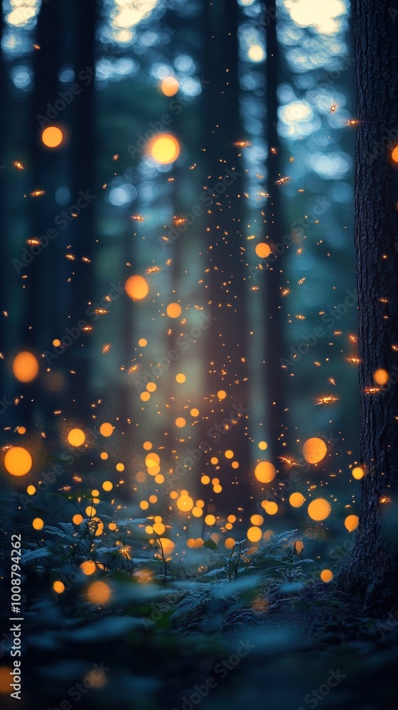 Poster A serene forest scene illuminated by glowing orbs, creating a magical atmosphere.