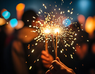 Sparkler Party at Night with Friends. Close-up of People Holding Sparklers. Festive Fireworks with Sparklers in Hand. New Year’s Eve Party with Sparkling Fireworks