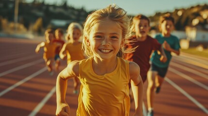 A group of young boys joyfully running together on a vibrant track
