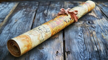 An elegantly displayed papyrus scroll from ancient Egypt, highlighting hieroglyphics and art, capturing the essence of historical storytelling through ancient text.