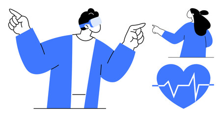 Medical professionals point while a heart with a heartbeat line represents health. Ideal for medical technology, healthcare, medical advice, virtual reality in medicine, and health promotion. Simple