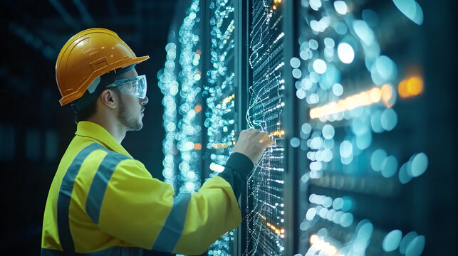 Technician working with colorful fiber optic cables, showcasing complex network infrastructure and telecommunication technology, highlighting hands-on construction and glowing data connections