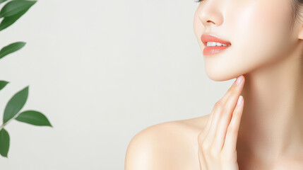 Naklejka premium Close-up view of a woman's face with soft skin, gently touching her chin against a minimalist background with greenery