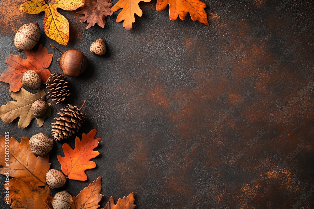Poster a rustic dark background is surrounded by colorful autumn leaves, nuts, and pine cones. the view fro
